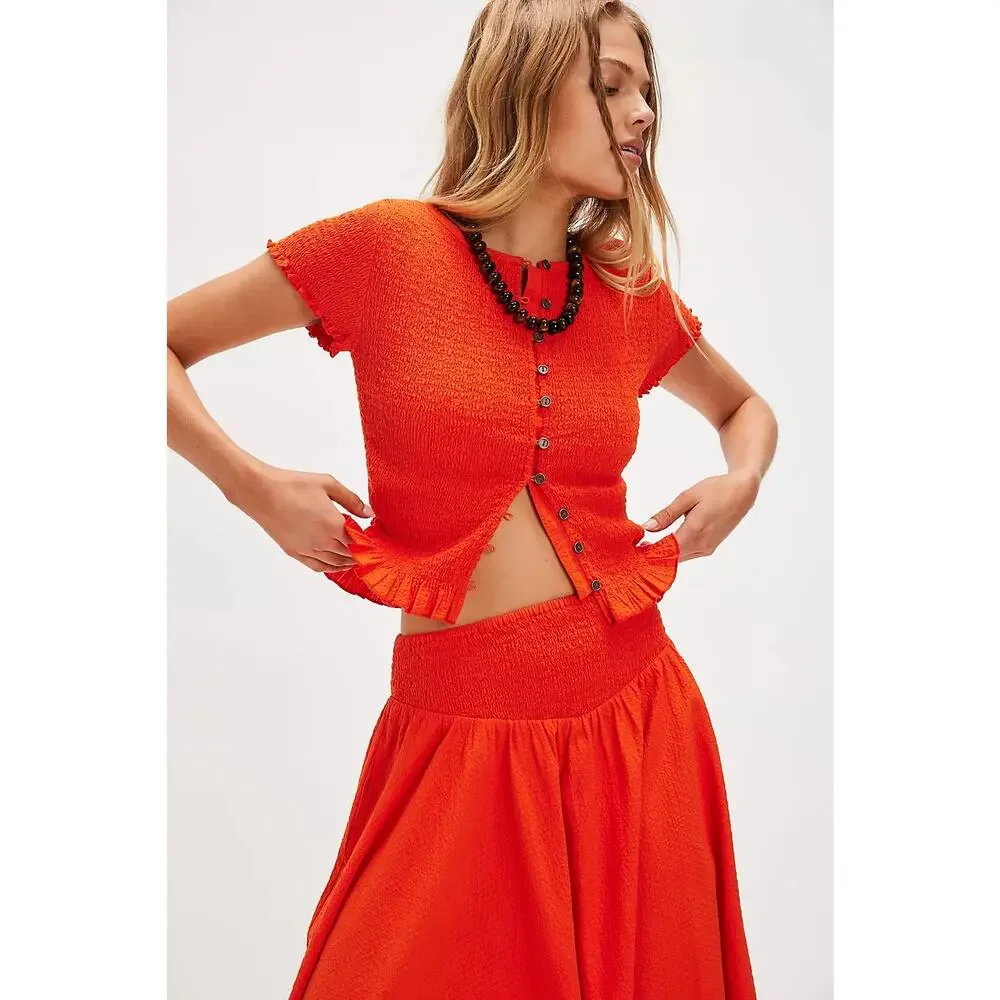 New FREE PEOPLE Braveheart Solid Set $168 Sz L Orange Convertible Skirt Dress
